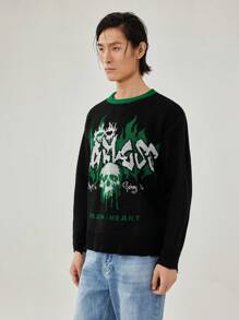 Manfinity Roghcode Men's Solid Color Splice Round Neck Long Sleeve Graphic Detail Simple Casual Sweater