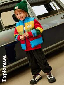 SHEIN 2pcs/Set Young Boy Casual Everyday Patchwork Letter & Mountain Print Sweatshirt & Sweatpants, Autumn - Red - View 12