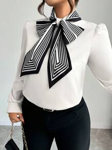 Elenzga 大码休闲优雅系领宽松通勤衬衫，秋季 - 白色 - 查看 4