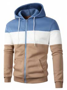 Manfinity Homme Men Plain Patchwork Long Sleeve Zipper Pocket Casual Hooded Sweatshirt, Zip-Up Hoodie, For Friends, Husband, Boyfriend Gifts