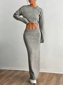 Flirla 2pcs/Set Casual Solid Color Cropped Sweater & Mini Skirt, Suitable For Autumn & Winter