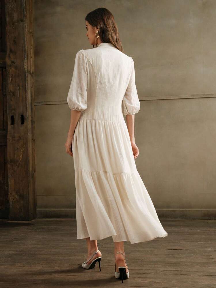 Elegant Vintage Women White Loose Weave Midi Dress Maxi Women Outfit