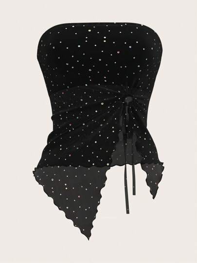 SHEIN ICON Top negro con glitter, decoración de cristal y borde asimétrico de malla tipo bandeau de estilo Y2K para Halloween para mujeres