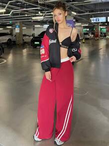 SHEIN EZwear Damenjacke in Schwarz mit Polsterung und Streetwear Grafiken