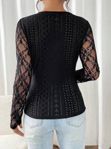 SHEIN Frenchy Blusa minimalista y casual de manga larga con parches de encaje en unicolor para mujeres - Negro - Ver 2