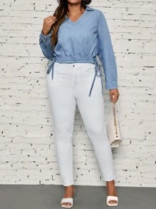 SHEIN LUNE 大码女式翻领长袖抽绳下摆宽松休闲牛仔衬衫，秋季 - 淺色水洗藍 - 查看 5