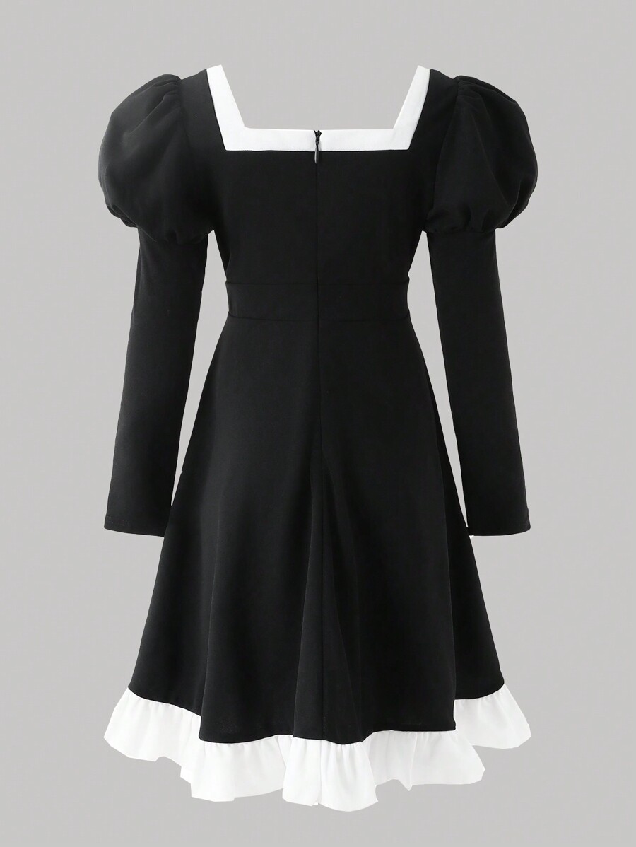 Tween Girls Elegant Black And White Contrast Ruffle Square Neck Lantern