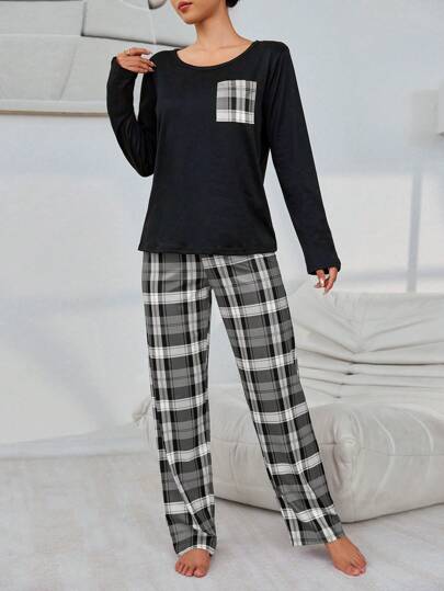Women Plaid Print Long Sleeve Sleepwear Pajama Set, Top Pants, Fall Clothes Cozy Elegante view 5