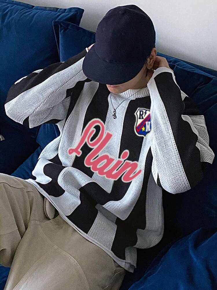 Men's Striped Letter Patch Sweater, Autumn