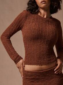 MUSERA Round Neck Long Sleeve Sweater Spring Y2K 90's Casual Cute Chic - Coffee Brown - View 5