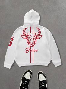 Manfinity Roghcode Plus Size Men's Ox Print Hooded Sweatshirt - White - View 1