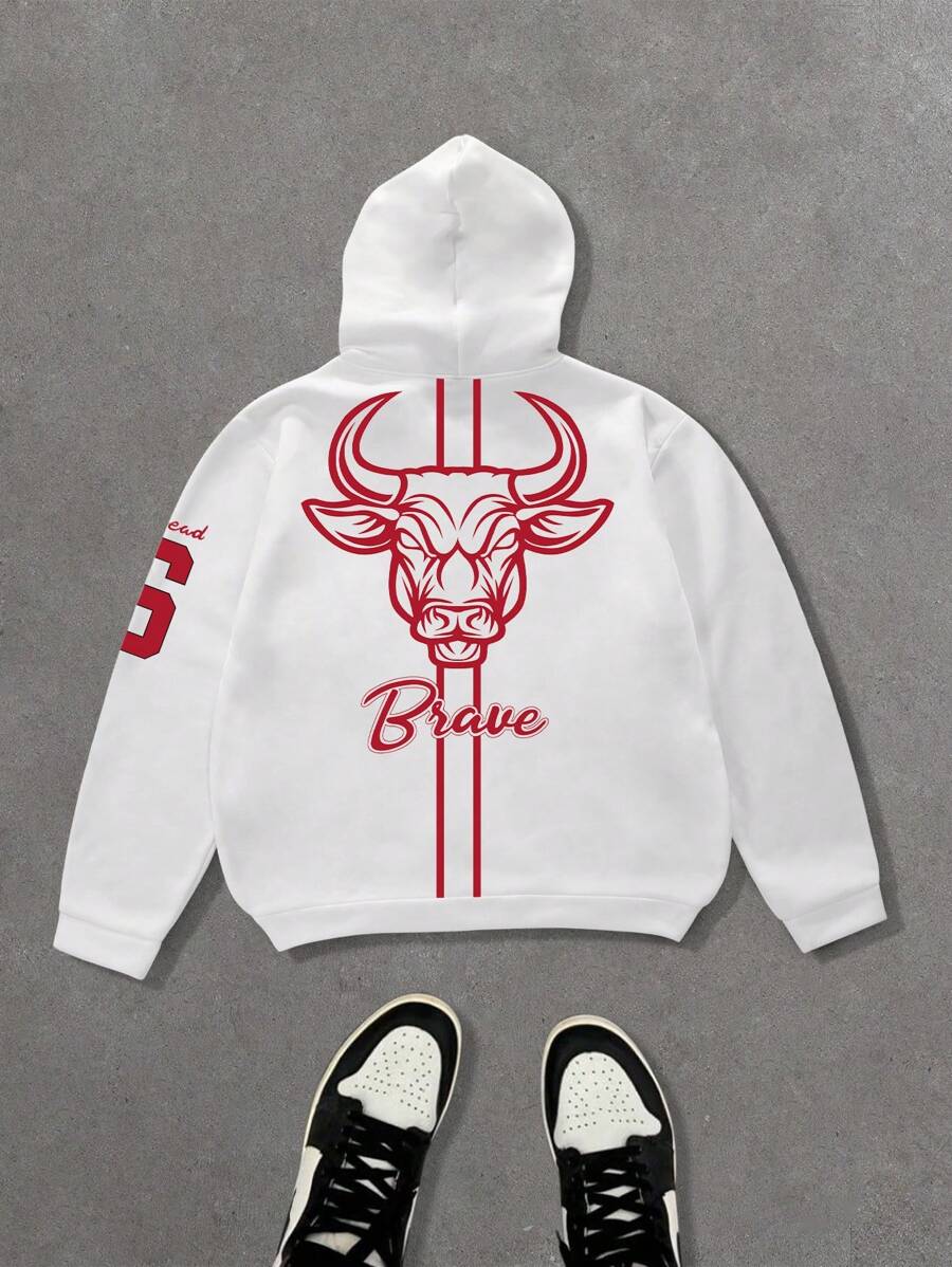 Manfinity Roghcode Plus Size Men's Ox Print Hooded Sweatshirt - White - View 1