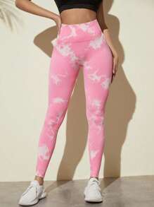 Easithlete 紮染瑜伽打底褲無縫高彈力緊縮褶皺臀部緊身打底褲 - 彩色 - 查看 3