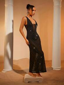 Hauture Women's Sheer Sequin Plunge Neck Sleeveless Dress - Black - View 6