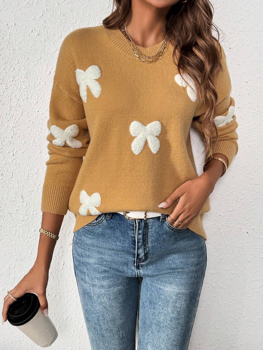 SHEIN LUNE 1pc Women's Fashion Minimalist Chic Bowknot Knit Pullover Sweater Knit Pullover Fall Winter Outfit