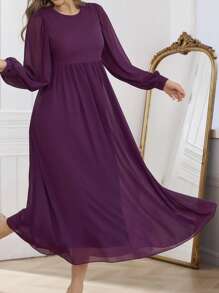 Modelyn Women Loose Chiffon Modest Long Sleeve Dress - Violet Purple - View 4