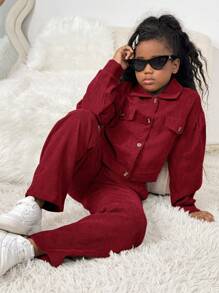SHEIN 2 件套青少年女孩休闲复古学院风灯芯绒夹克和迷你裙，适合圣诞节 - 酒紅色 - 查看 4