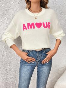 SHEIN Frenchy Suéter de estilo casual con diseño de letra y corazón de hombro caído