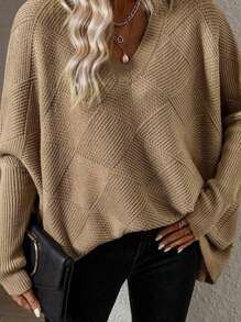 INAWLY Pull over à col V couleur unie motif diamant, grande taille, automne/hiver