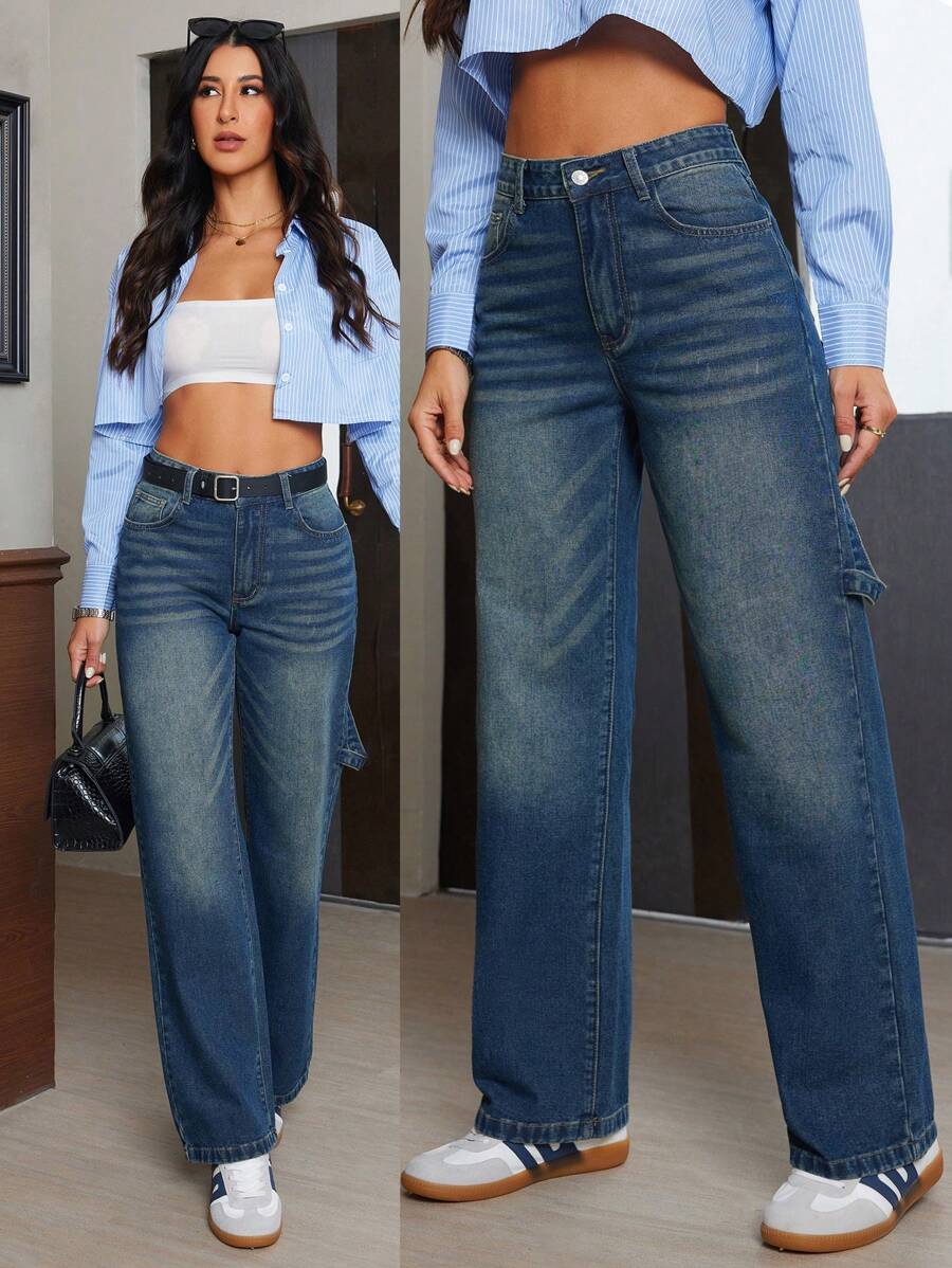 SHEIN Essnce Quần Jeans Ống Thẳng Túi Xiên Giặt Hàng Ngày Dành Cho Nữ, Phù Hợp Cho Mùa Thu - Rửa tối - Xem 1