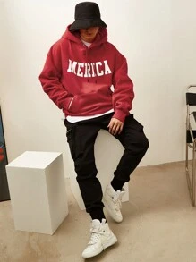 DAZY Men's Autumn Letter Print Drawstring Hoodie Sweatshirt