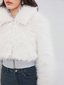 SHEIN EZwear Solid Hook And Eye Placket Fuzzy Coat - White - View 7