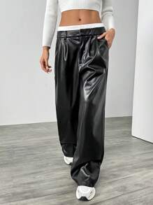 SHEIN EZwear Women PU Black Zipper Fly Wide Leg Pants, For Fall