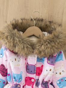 SHEIN Young Girl Cartoon Print Velvet Thickened Padded Coat, 4-7 Years Old, Hooded With Fluffy Collar, Stylish And Padded Coat For Winter