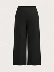 SHEIN BAE Traje de chaqueta y pantalones de pernera ancha elegantes para viajes de negocios, talla grande, con chaqueta negra con solapa, manga acampanada y plisado en la cintura, y pantalones de vestir de dos piezas