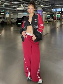 SHEIN EZwear Damenjacke in Schwarz mit Polsterung und Streetwear Grafiken