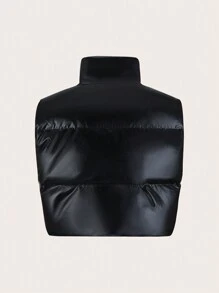 SHEIN Essnce Women Winter Plain Color Zipper Front Short Casual Down& Feathers Vest Jacket - Black - View 3