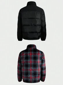 Manfinity VCAY Reversible Plaid Men Casual Collar Thickened Padded Coat, Windproof Warm Lined Coat, Fashionable Versatile Outerwear For Autumn/Winter, Christmas
