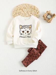 Cozy Pixies 2 件套女婴卡通熊图案圆领长袖运动衫和紧身裤套装 - 彩色 - 查看 1