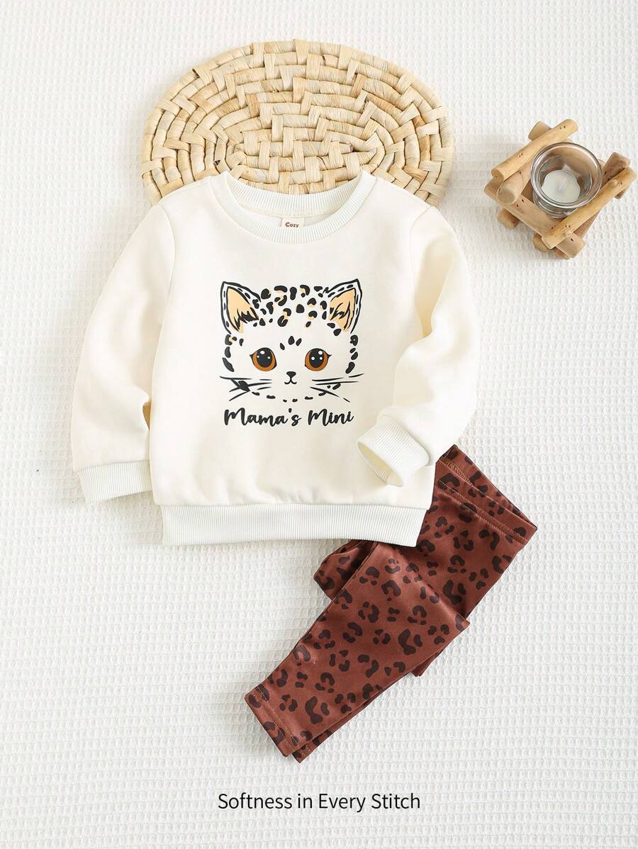 Cozy Pixies 2 件套女婴卡通熊图案圆领长袖运动衫和紧身裤套装 - 彩色 - 查看 1