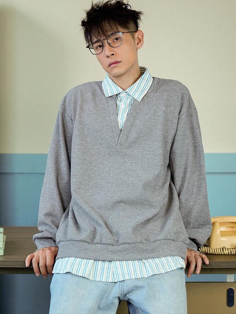 Men's Loose Fit Drop Shoulder Solid Crew Neck Sweatshirt, Autumn/Winter