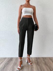 EURMUSE 纯色褶皱锥形裤，女士春/秋休闲褶皱、口袋、拉链自然锥形/胡萝卜七分黑色常规版型女裤，休闲日常穿着 - 黑色 - 查看 3