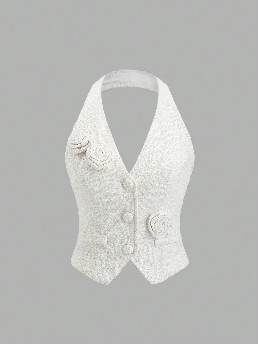 Sweetra Áo khoác blazer nữ hở vai kiểu dáng thanh lịch, ve áo vải tuýt trang trí hoa hồng phía trước, dáng rộng, thu/đông - trắng - Xem 1