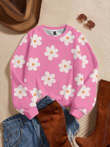 EMERY ROSE Áo nỉ chui đầu cổ tròn tay dài in họa tiết hoa cỡ lớn cho nữ, trang phục thường ngày cho mùa thu/đông - Hồng - Xem 1