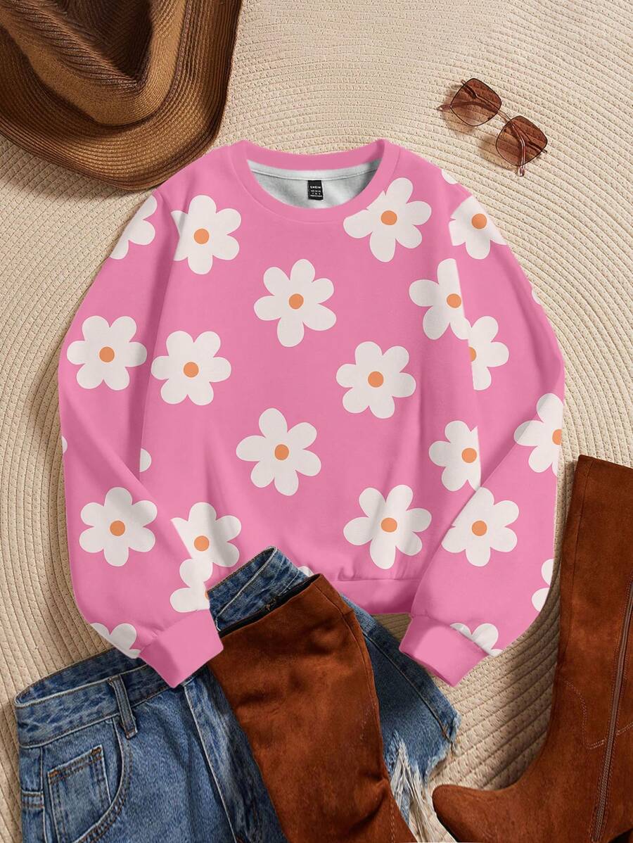 EMERY ROSE Áo nỉ chui đầu cổ tròn tay dài in họa tiết hoa cỡ lớn cho nữ, trang phục thường ngày cho mùa thu/đông - Hồng - Xem 1
