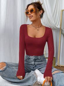 SHEIN EZwear 1 件女式纯色长袖休闲上衣 - 酒紅色 - 查看 4