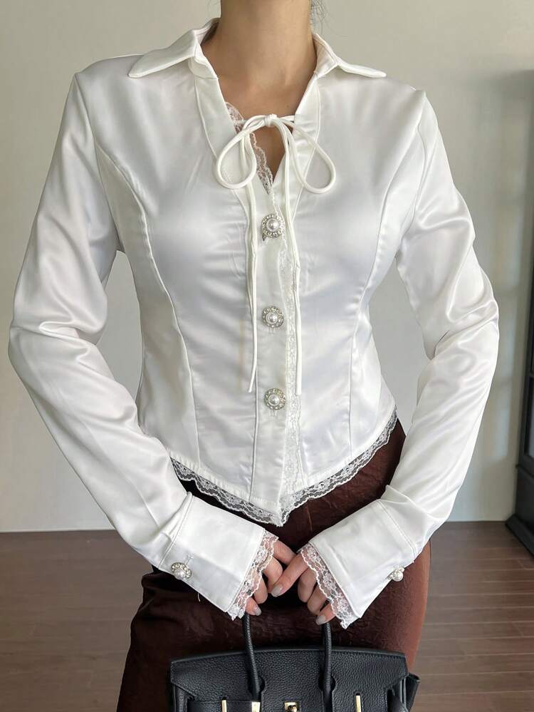 1pc Women Vintage Lace Cinched Cinched Waist Front Shirt Fall,Winter