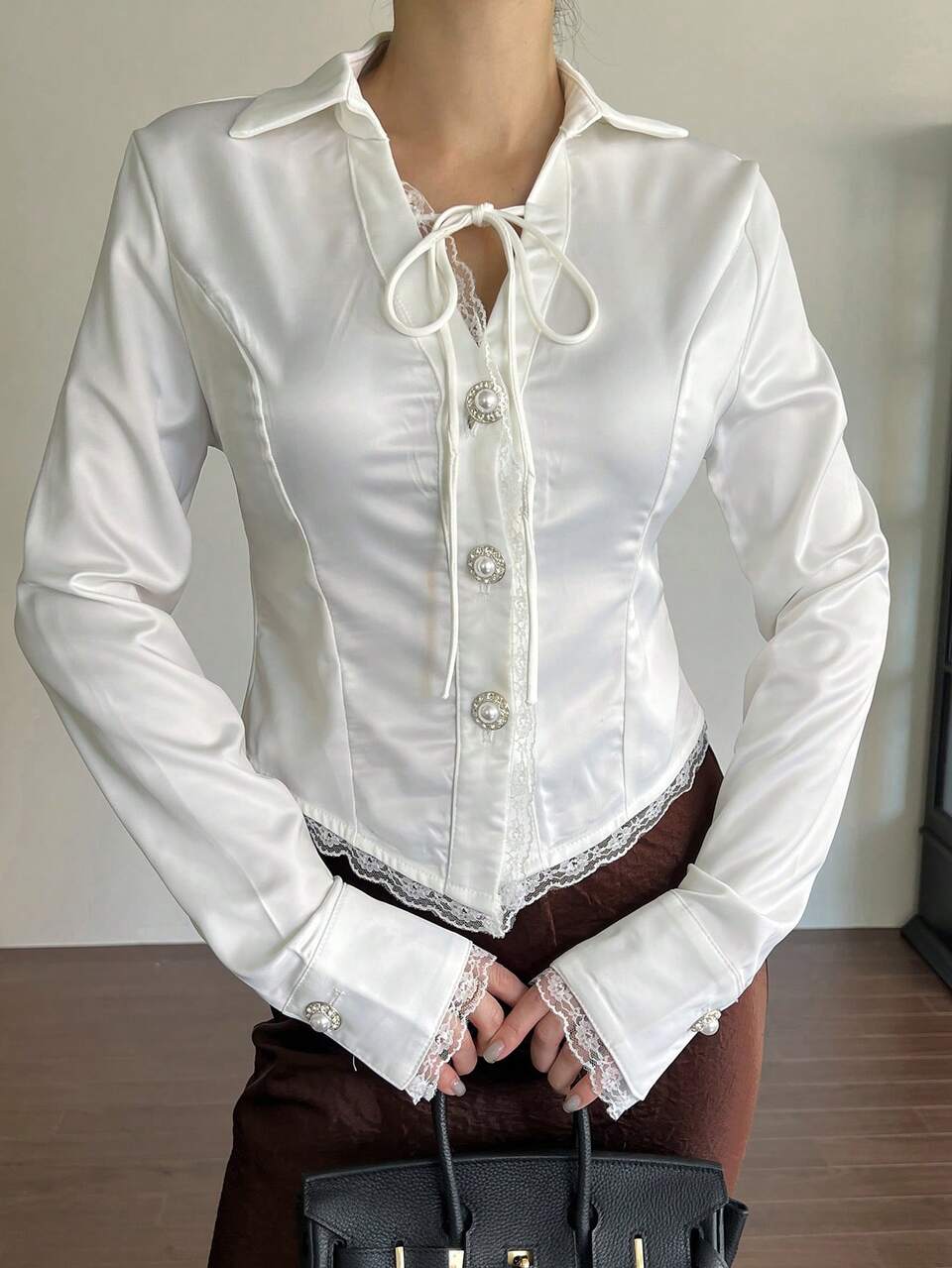 1pc Women Vintage Lace Cinched Cinched Waist Front Shirt Fall,Winter