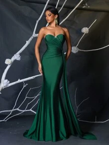 Glamrae 优雅亮片拼布褶皱前部不对称美人鱼舞会礼服，适合婚礼、活动、派对、正式晚礼服、婚礼宾客、毕业典礼、晚宴礼服 - 軍綠色 - 查看 7
