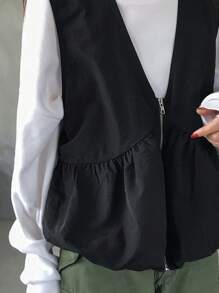 FRIFUL Women Solid Color V-Neck Zipper Sleeveless Tank Top, Autumn - Grey - View 6