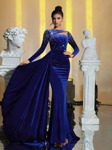 Glamrae 优雅海军蓝天鹅绒和网眼镂空串珠渐变褶边美人鱼尾拖尾晚礼服，长袖正式舞会礼服，派对礼服，适合婚礼嘉宾，毕业典礼，晚宴 - 寶藍色 - 查看 5