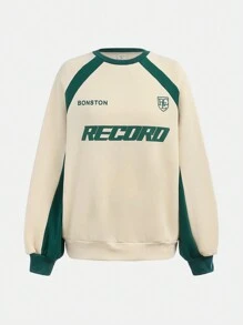 SHEIN Sudadera holgada de vestir casual con forro térmico, estampado de logo universitario en color crema y verde oliva para adolescentes - Beis - Ver 2