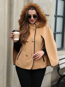 Flirla 大码撞色镶边双排扣斗篷袖优雅大衣 - 棕色 - 查看 4
