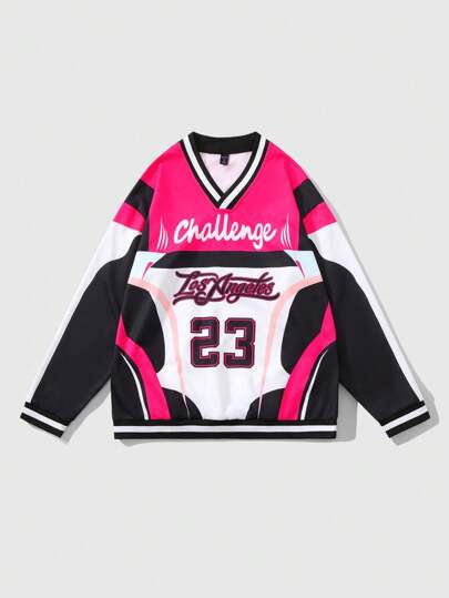 Street Life Men's Letter Print V-Neck Long Sleeve Sporty Pullover Sweatshirt, Autumn