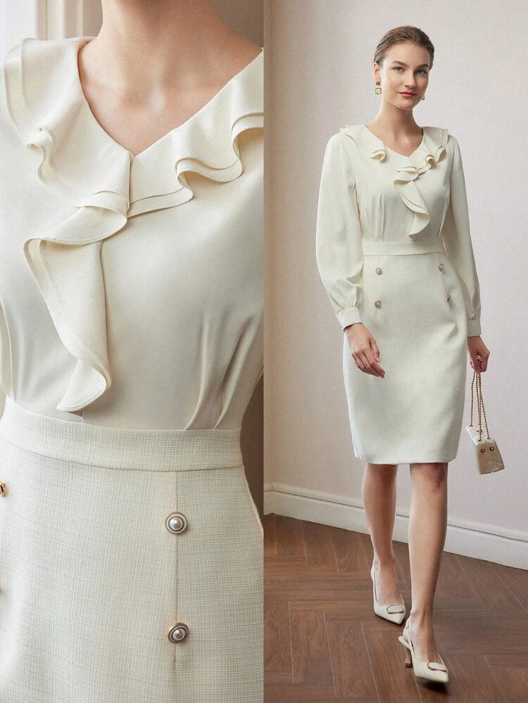 Vestido midi con cuello en V, manga farol y ribete con volantes