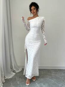 Rafferiza Đầm Maxi Phối Ren Tay Dài Đơn Giản, Vai Xiên, Đơn Giản, Trang Phục Mùa Thu Cho Nữ - trắng - Xem 7